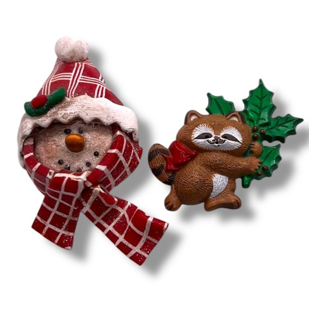 Christmas Winter Brooches Festive Snowman and Raccoon with Holly Brooch Set